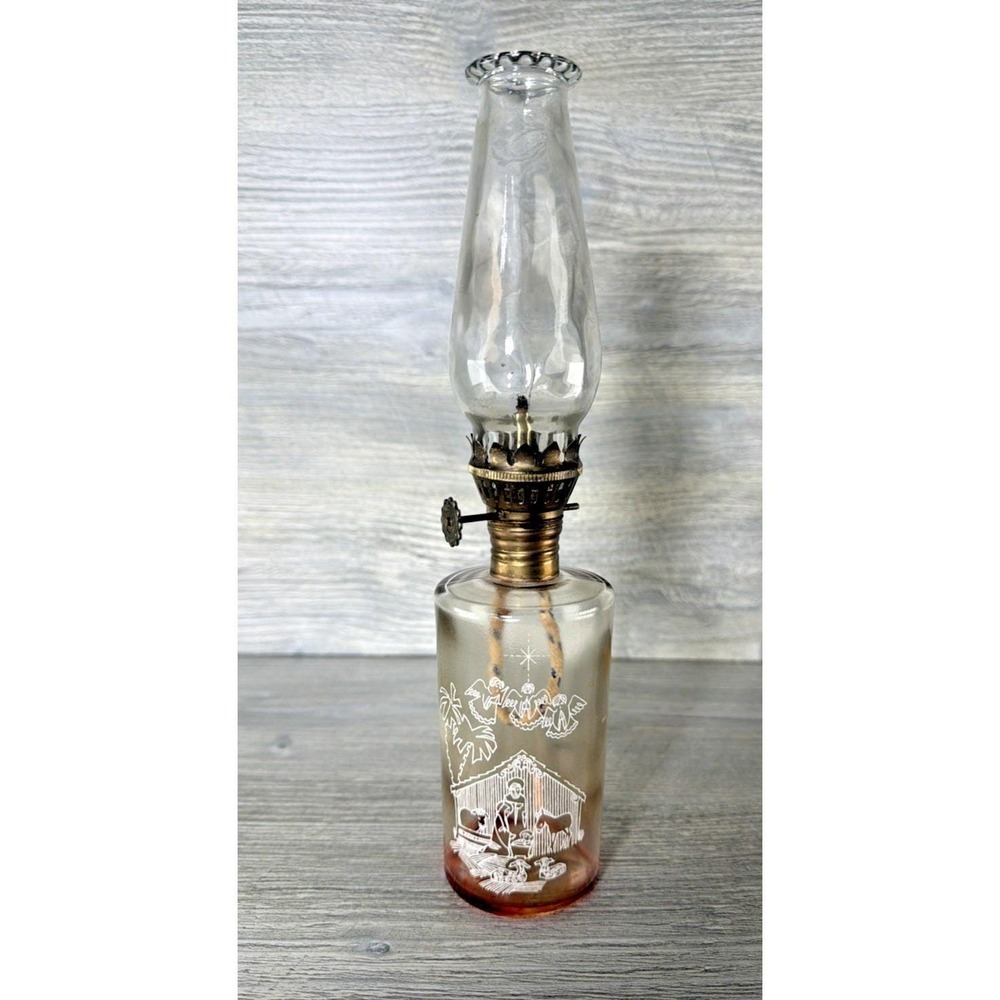 Vtg 60's Forbes Foster Nativity Scene Oil Lamp Hurricane Glass W/ Chimney & Wick